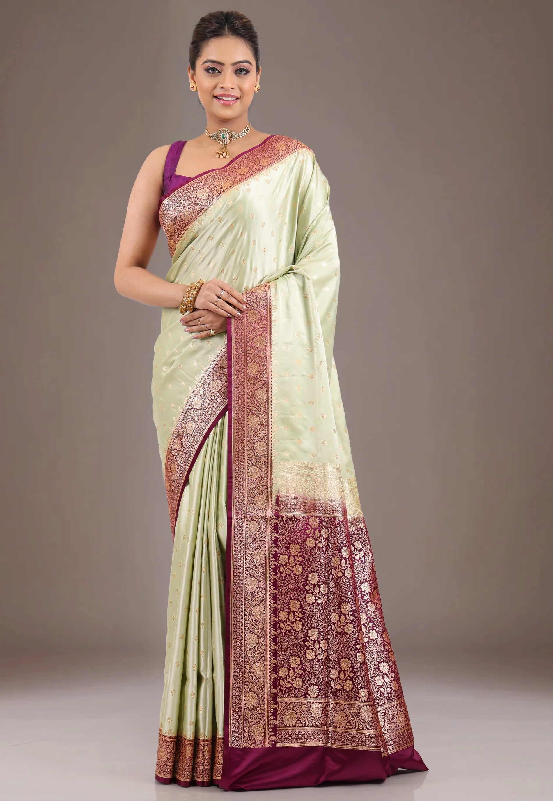 Lime Green with Magenta Border Pastel Banarasi Saree With Blouse Piece - Adi Akshoy & Co.