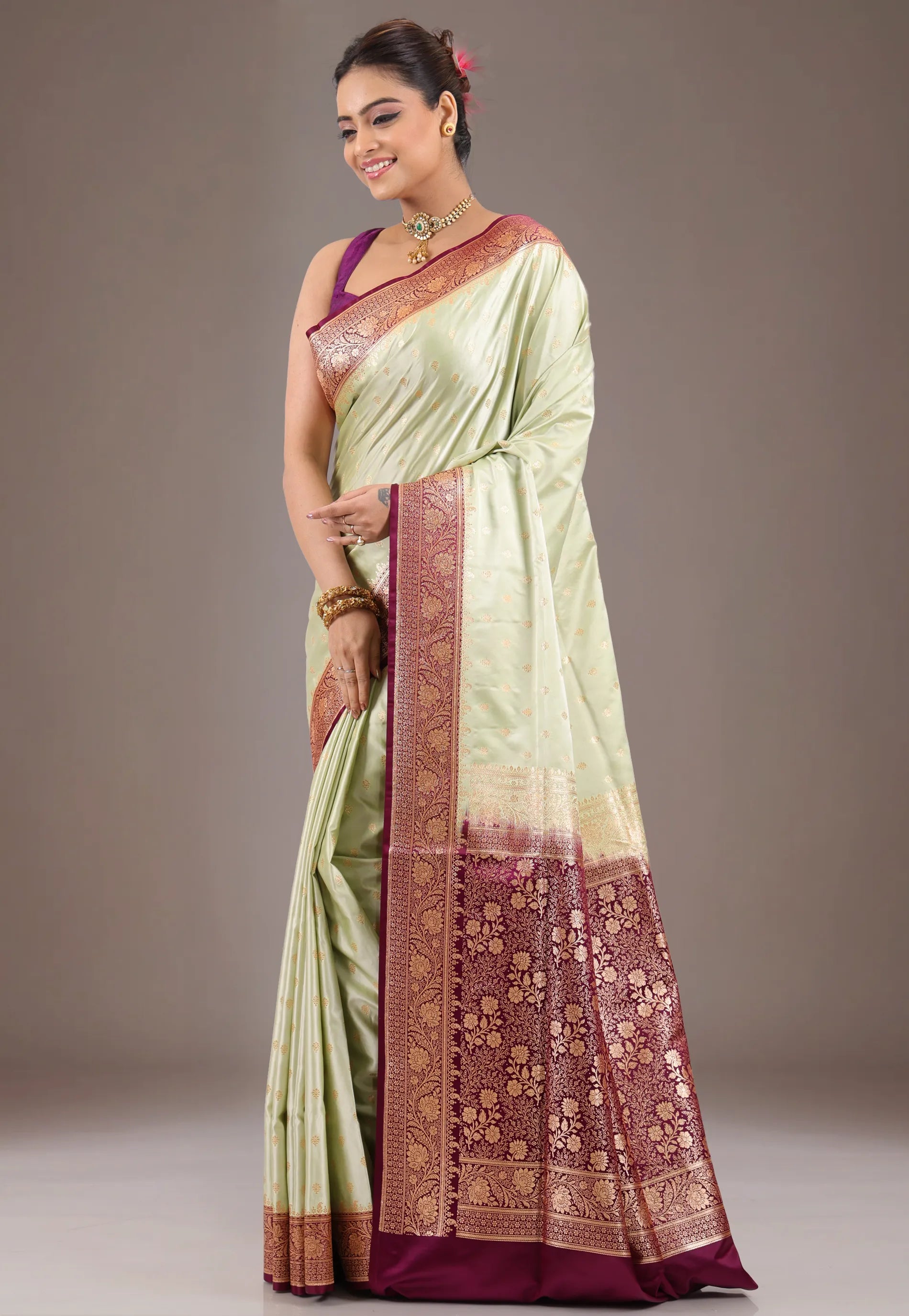 Lime Green with Magenta Border Pastel Banarasi Saree With Blouse Piece - Adi Akshoy & Co.