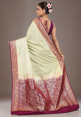 Lime Green with Magenta Border Pastel Banarasi Saree With Blouse Piece - Adi Akshoy & Co.
