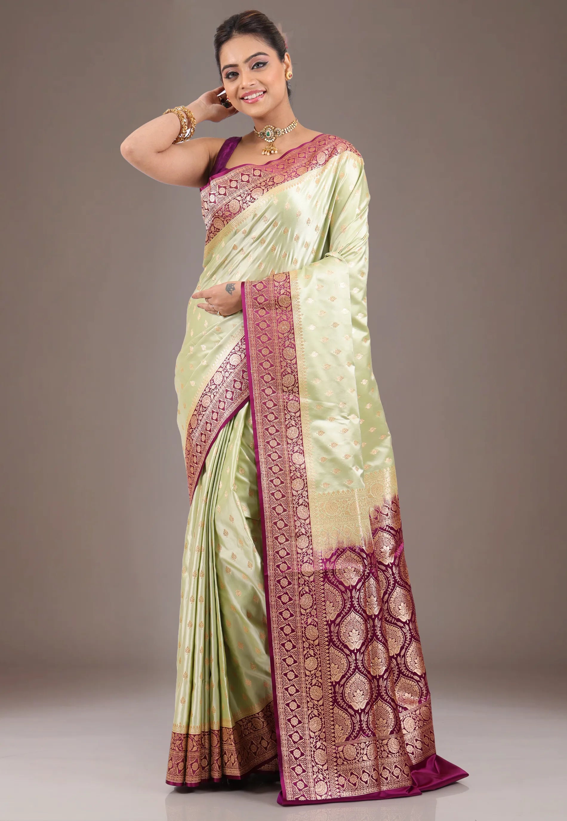 Lime Green with Magenta Border Pastel Banarasi Saree With Blouse Piece - Adi Akshoy & Co.