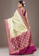 Lime Green with Magenta Border Pastel Banarasi Saree With Blouse Piece - Adi Akshoy & Co.