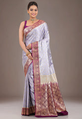Icy Blue with Magenta Border Pastel Banarasi Saree With Blouse Piece - Adi Akshoy & Co.