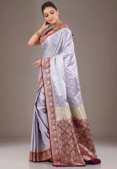 Icy Blue with Magenta Border Pastel Banarasi Saree With Blouse Piece - Adi Akshoy & Co.