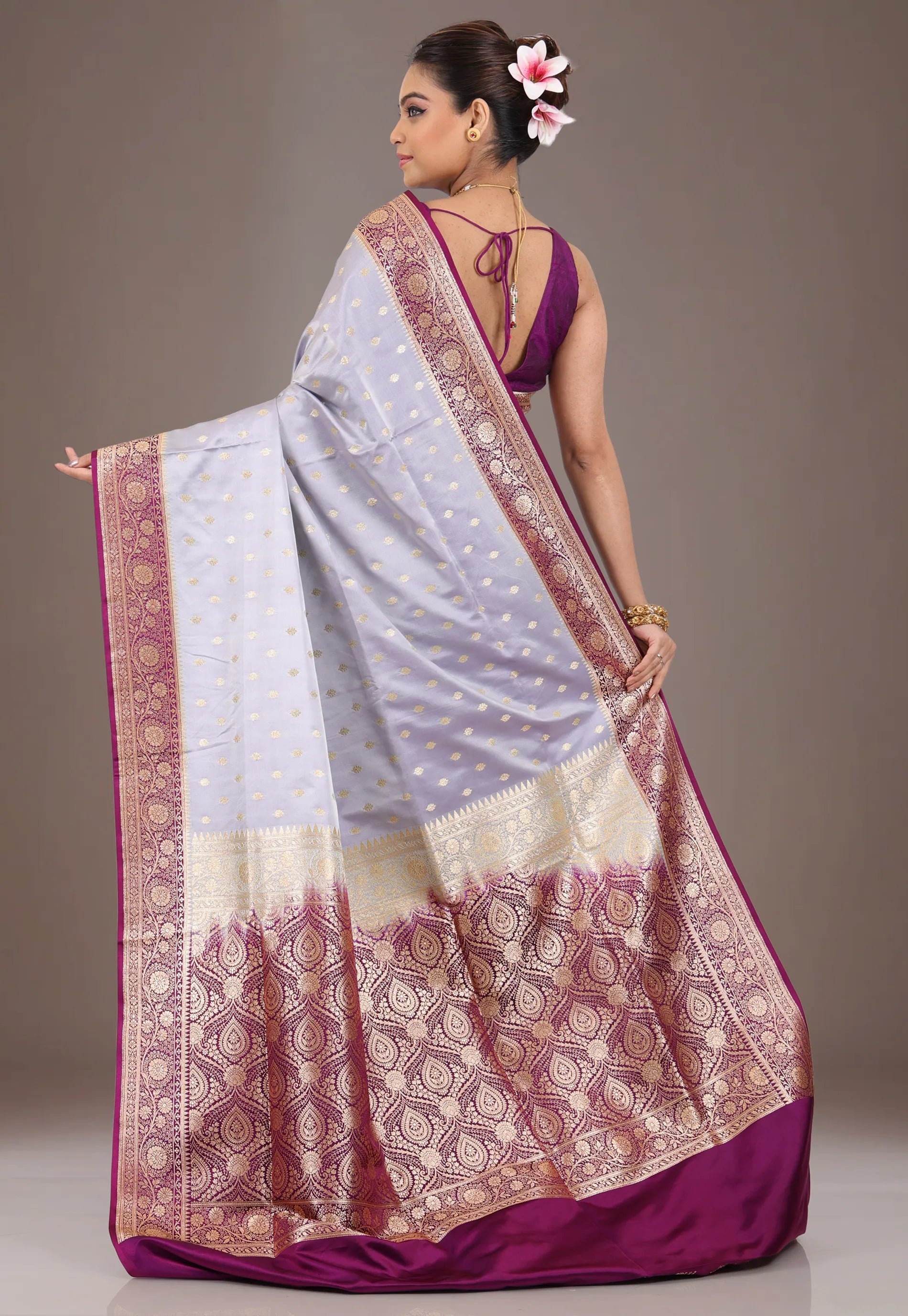 Icy Blue with Magenta Border Pastel Banarasi Saree With Blouse Piece - Adi Akshoy & Co.