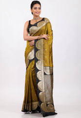 Mustard with Black Border Kanjivaram Silk Saree With Blouse Piece - Adi Akshoy & Co.