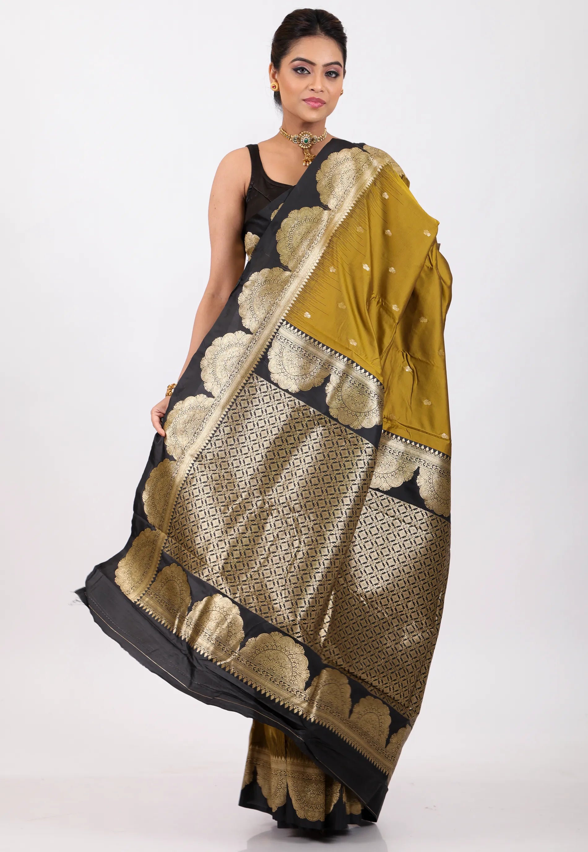 Mustard with Black Border Kanjivaram Silk Saree With Blouse Piece - Adi Akshoy & Co.