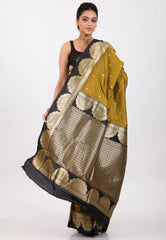 Mustard with Black Border Kanjivaram Silk Saree With Blouse Piece - Adi Akshoy & Co.