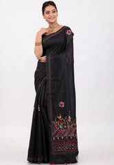 Black Handwoven Blended Silk Kantha Saree With Blouse Piece - Adi Akshoy & Co.