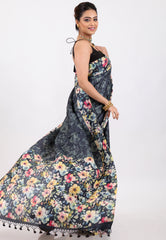Floral Grey & Black Pure Tussar Silk Saree with Blouse Piece - Adi Akshoy & Co.