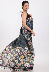 Floral Grey & Black Pure Tussar Silk Saree with Blouse Piece - Adi Akshoy & Co.