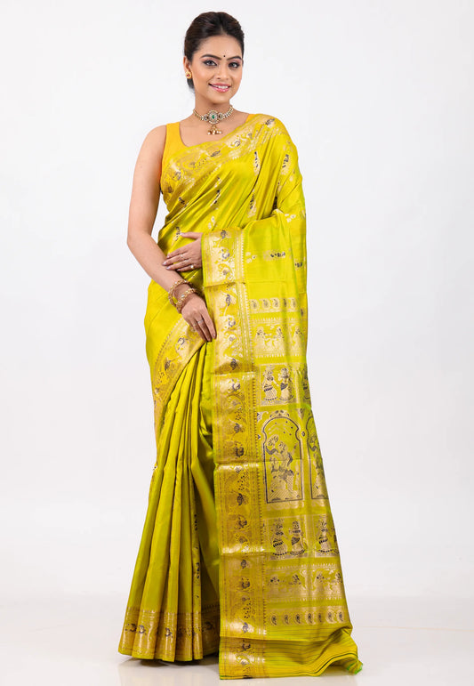 Lime Green Pure Baluchari Silk Saree with Blouse Piece - Adi Akshoy & Co.
