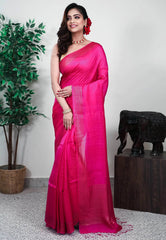Rani Pink Matka with sequence Border Kora Handloom Pure Silk Saree With Blouse Piece - Adi Akshoy & Co.