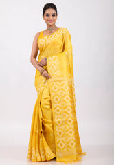 Yellow Pure Tussar Dhakai Jamdani Saree with Blouse Piece - Adi Akshoy & Co.