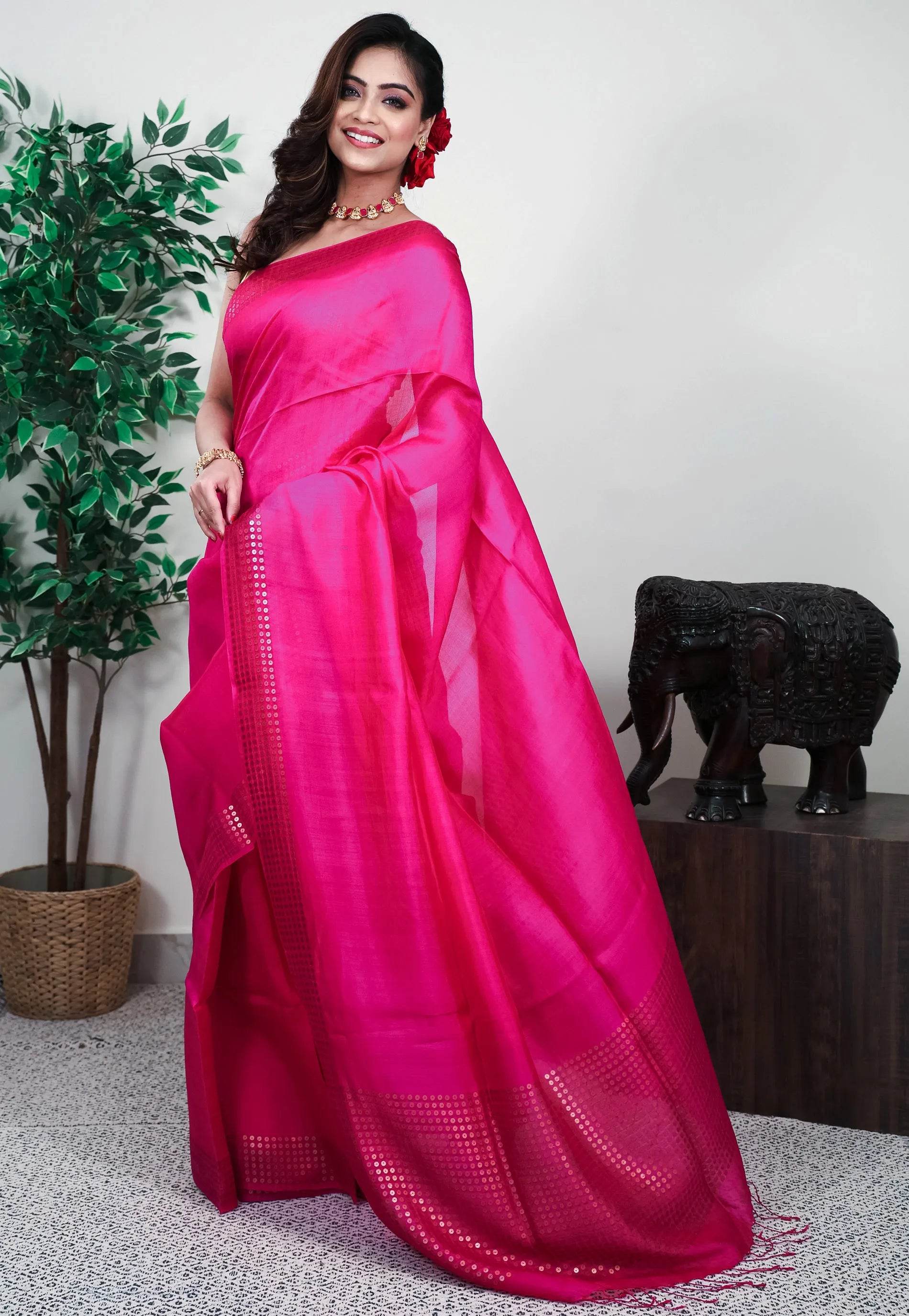 Rani Pink Matka with sequence Border Kora Handloom Pure Silk Saree With Blouse Piece - Adi Akshoy & Co.