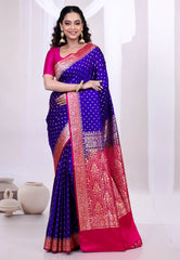 Navy Blue Wedding Banarasi Silk Saree with Blouse Piece - Adi Akshoy & Co.