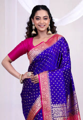 Navy Blue Wedding Banarasi Silk Saree with Blouse Piece - Adi Akshoy & Co.