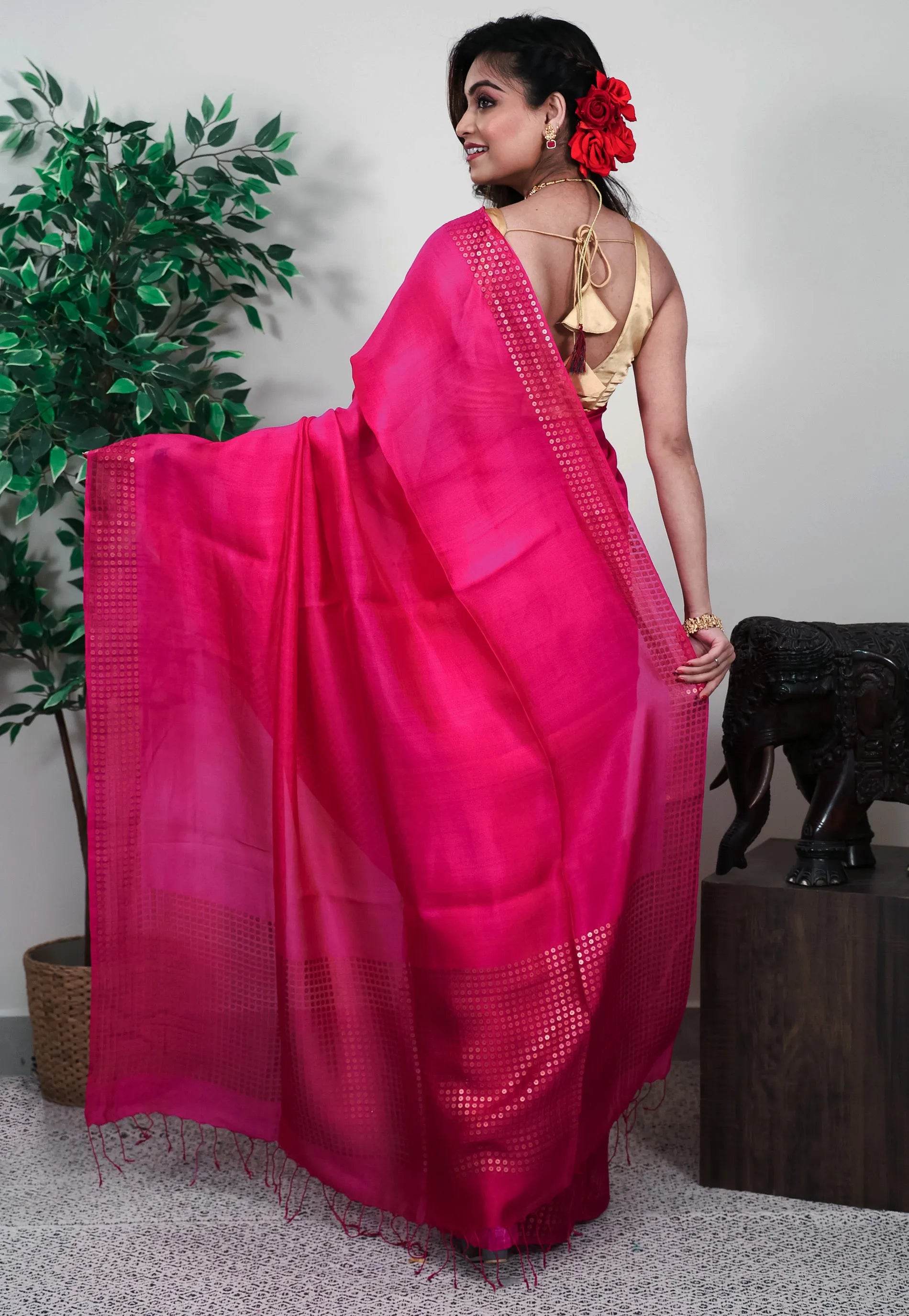 Rani Pink Matka with sequence Border Kora Handloom Pure Silk Saree With Blouse Piece - Adi Akshoy & Co.