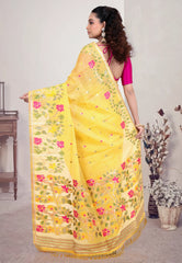Yellow Tussar Silk Saree with Blouse Piece - Adi Akshoy & Co.