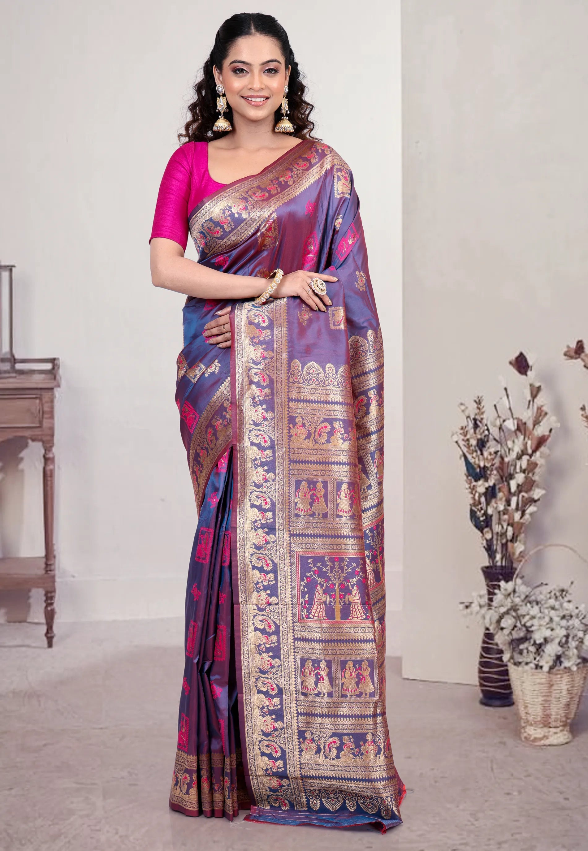 Dual Tone of Purple & Rani Baluchari Silk Saree with Blouse Piece - Adi Akshoy & Co.