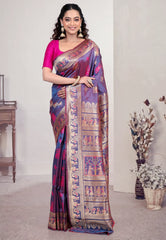 Dual Tone of Purple & Rani Baluchari Silk Saree with Blouse Piece - Adi Akshoy & Co.