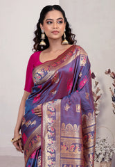Dual Tone of Purple & Rani Baluchari Silk Saree with Blouse Piece - Adi Akshoy & Co.