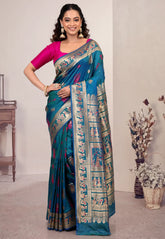 Rama Green Baluchari Silk Saree with Blouse Piece - Adi Akshoy & Co.