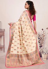 Beige Kani Silk Saree With Blouse Piece - Adi Akshoy & Co.