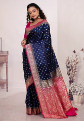 Navy Blue Wedding Banarasi Silk Saree with Blouse Piece - Adi Akshoy & Co.