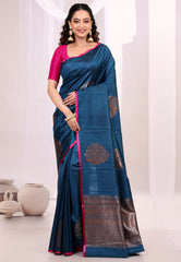 Navy Blue Pure Tussar Silk Saree with Blouse Piece - Adi Akshoy & Co.