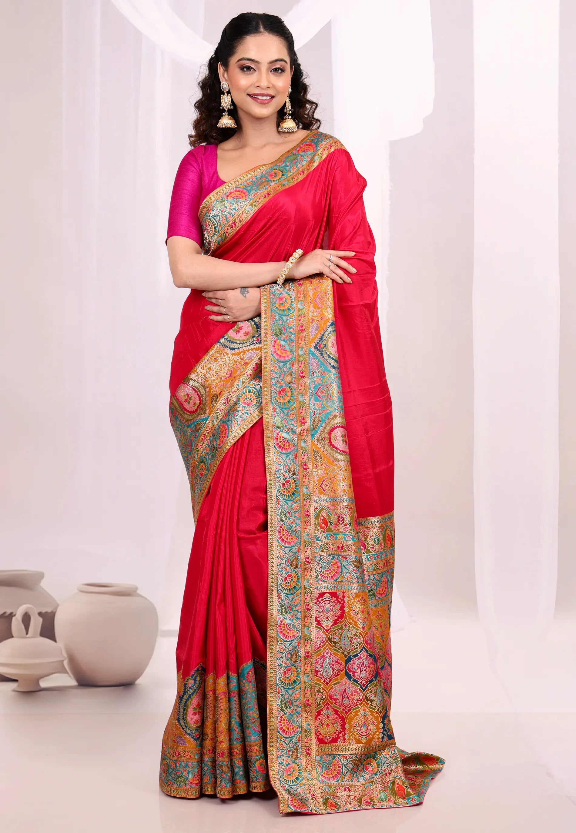 Red Kani Silk Saree With Blouse Piece - Adi Akshoy & Co.