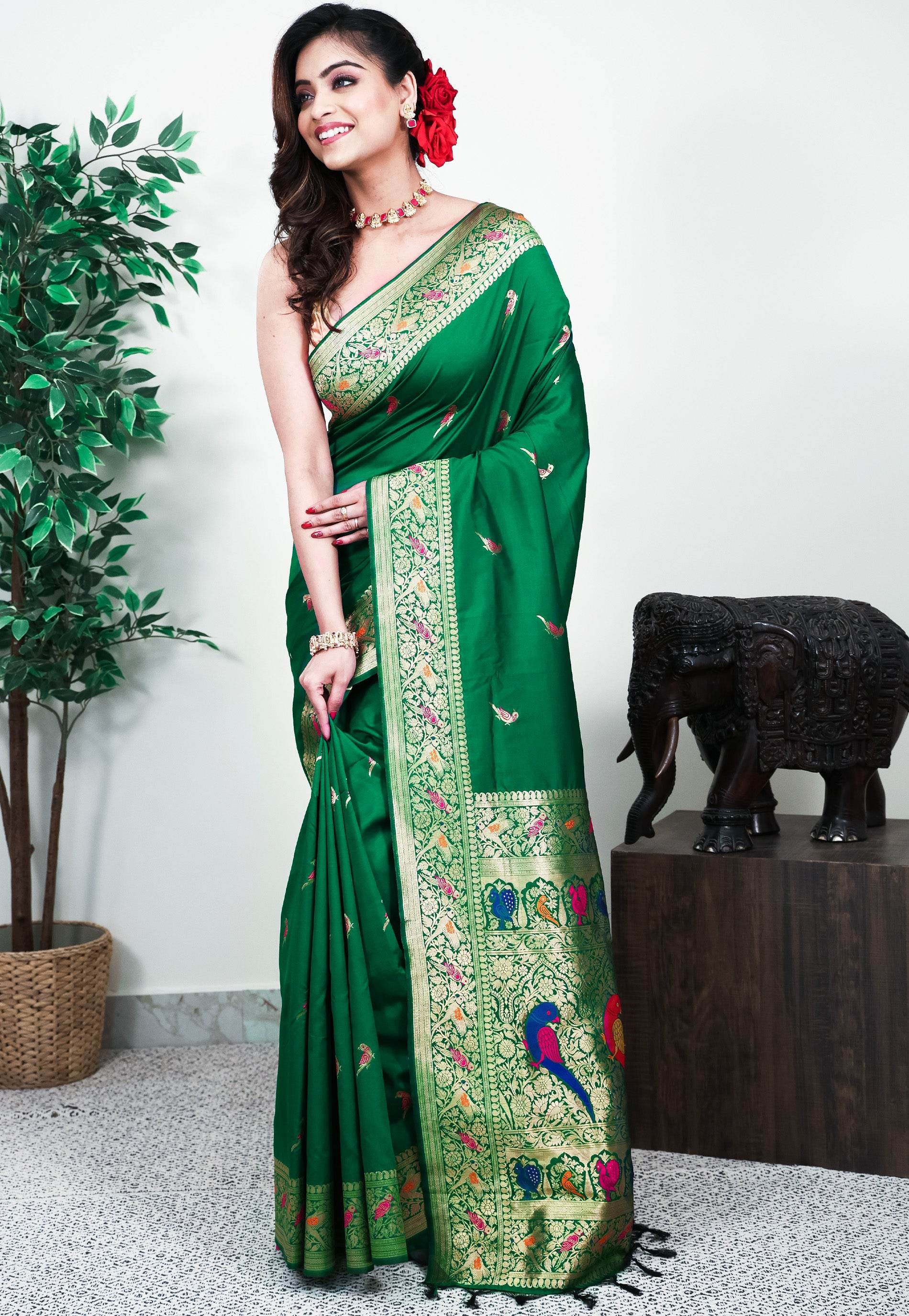 Bottle Green Minakari Mashru Silk Saree with Blouse Piece - Adi Akshoy & Co.