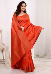 Vibrant Orange Tussar Silk Saree with Blouse Piece - Adi Akshoy & Co.