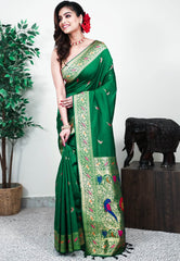 Bottle Green Minakari Mashru Silk Saree with Blouse Piece - Adi Akshoy & Co.