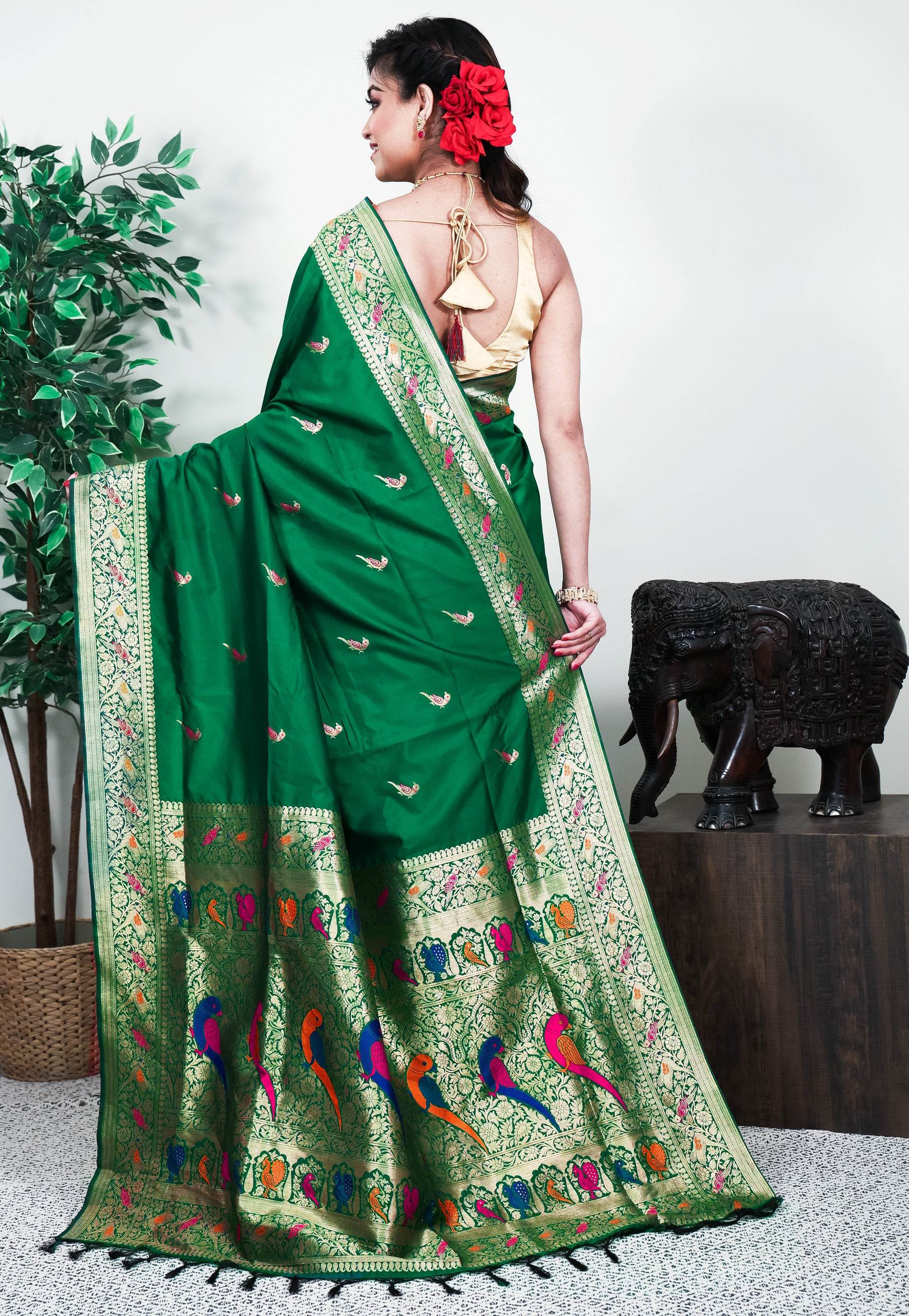Bottle Green Minakari Mashru Silk Saree with Blouse Piece - Adi Akshoy & Co.