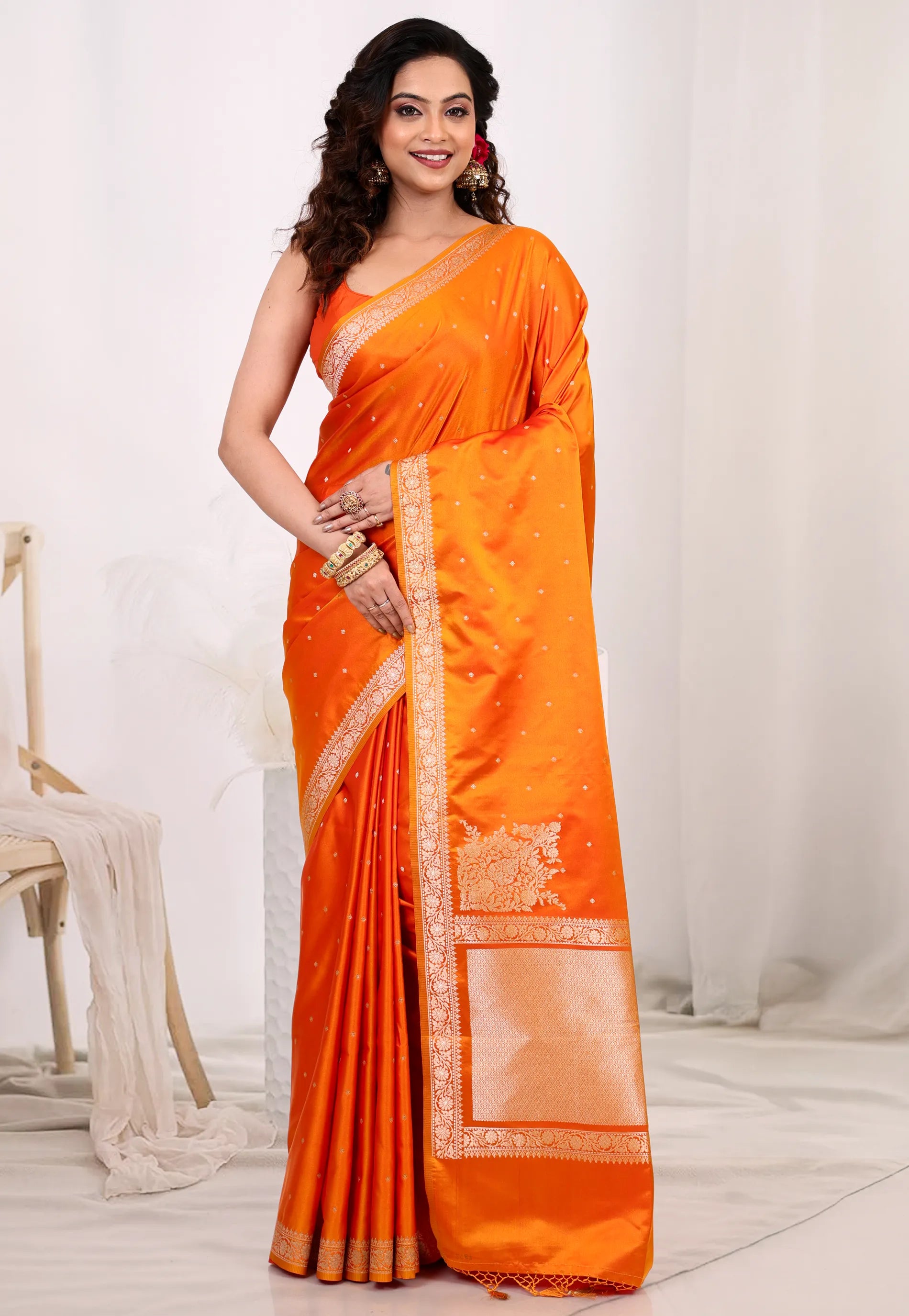 Vibrant Orange Mashru Silk Saree with Blouse Piece - Adi Akshoy & Co.