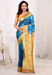 Cross Blue Baluchari Silk Saree with Blouse Piece - Adi Akshoy & Co.