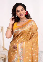 Mustard Yellow Kanjivaram Silk Saree with Blouse Piece - Adi Akshoy & Co.