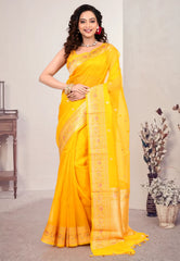 Yellow Pure Kora Silk Saree with Blouse Piece - Adi Akshoy & Co.