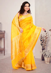Yellow Pure Kora Silk Saree with Blouse Piece - Adi Akshoy & Co.