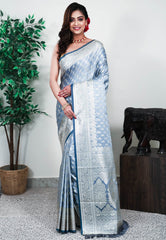 Grey Mashru Silk Saree with Blouse Piece - Adi Akshoy & Co.