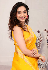 Yellow Pure Kora Silk Saree with Blouse Piece - Adi Akshoy & Co.