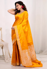 Mustard Yellow Mashru Silk Saree with Blouse Piece - Adi Akshoy & Co.