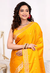 Mustard Yellow Mashru Silk Saree with Blouse Piece - Adi Akshoy & Co.