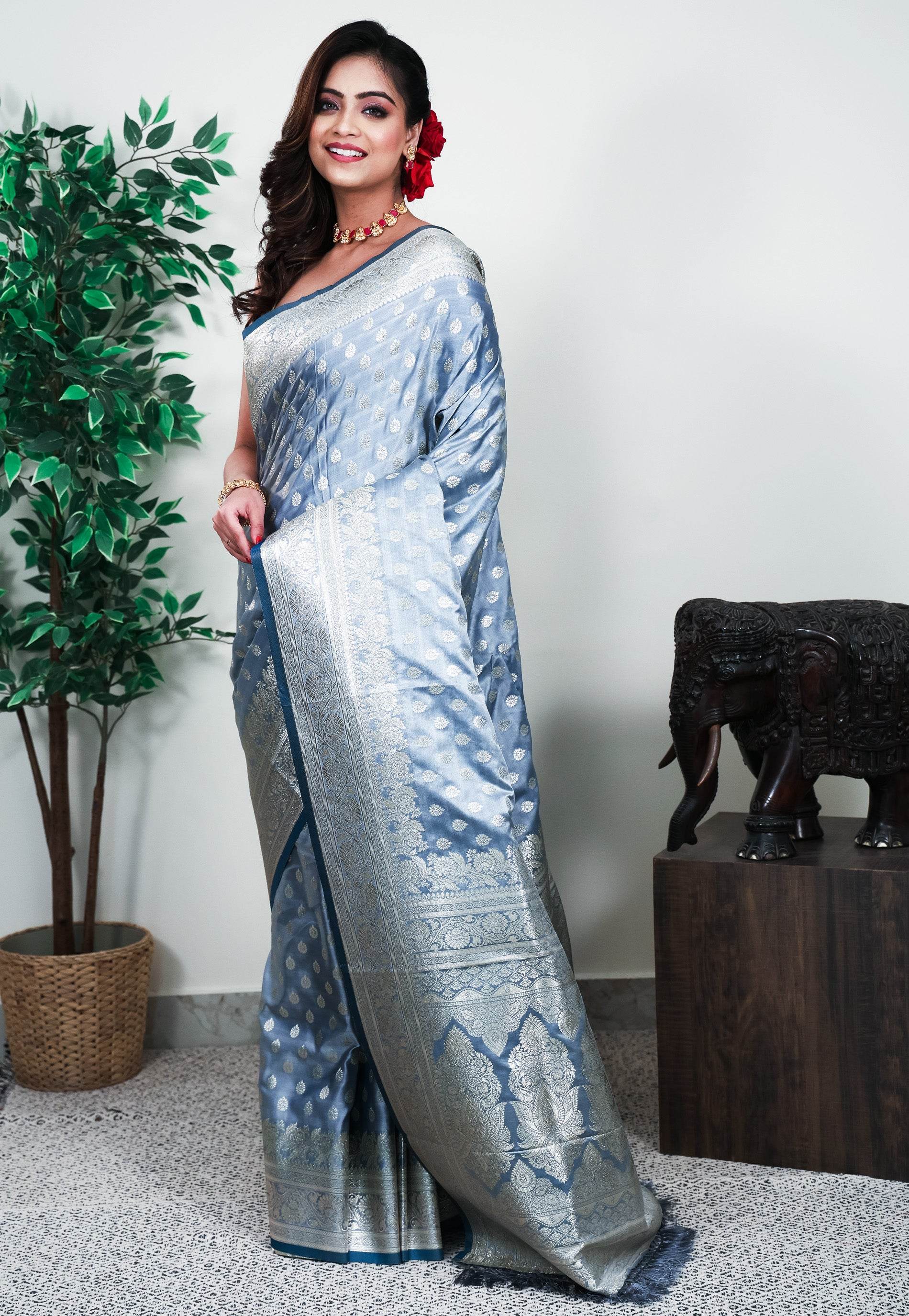 Grey Mashru Silk Saree with Blouse Piece - Adi Akshoy & Co.