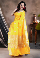 Yellow Pure Katan Silk Saree with Blouse Piece - Adi Akshoy & Co.