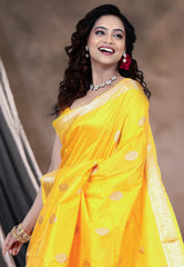 Yellow Pure Katan Silk Saree with Blouse Piece - Adi Akshoy & Co.