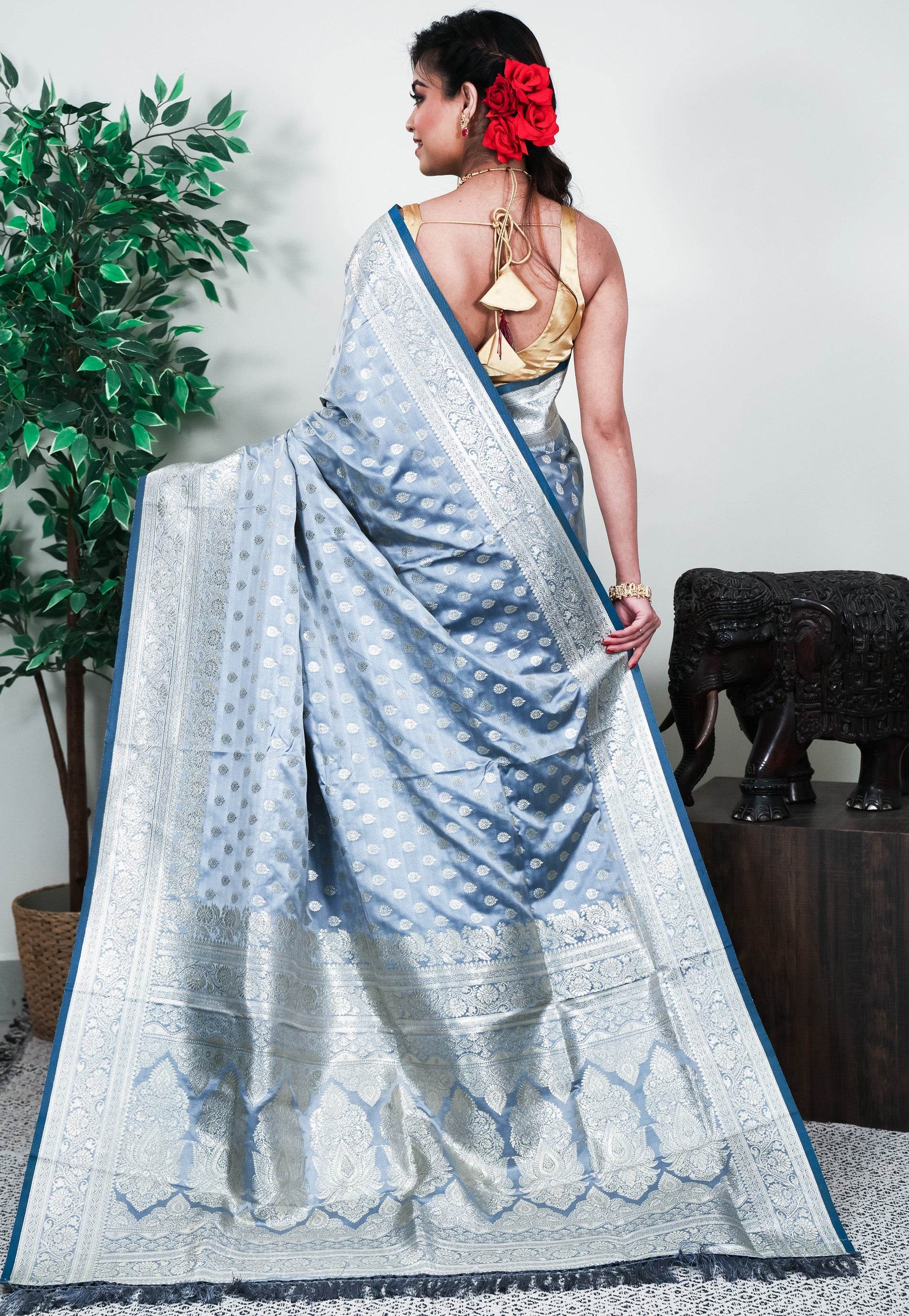 Grey Mashru Silk Saree with Blouse Piece - Adi Akshoy & Co.