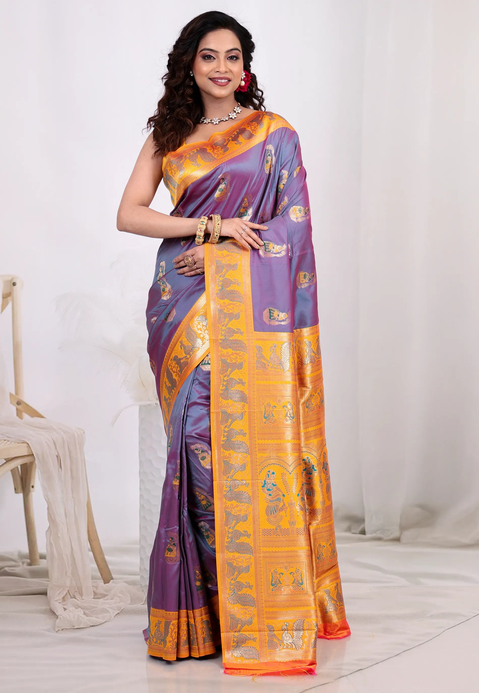 Cross Purple Baluchari Silk Saree with Blouse Piece - Adi Akshoy & Co.