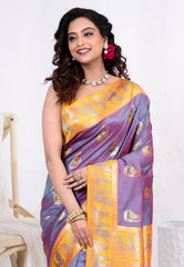 Cross Purple Baluchari Silk Saree with Blouse Piece - Adi Akshoy & Co.