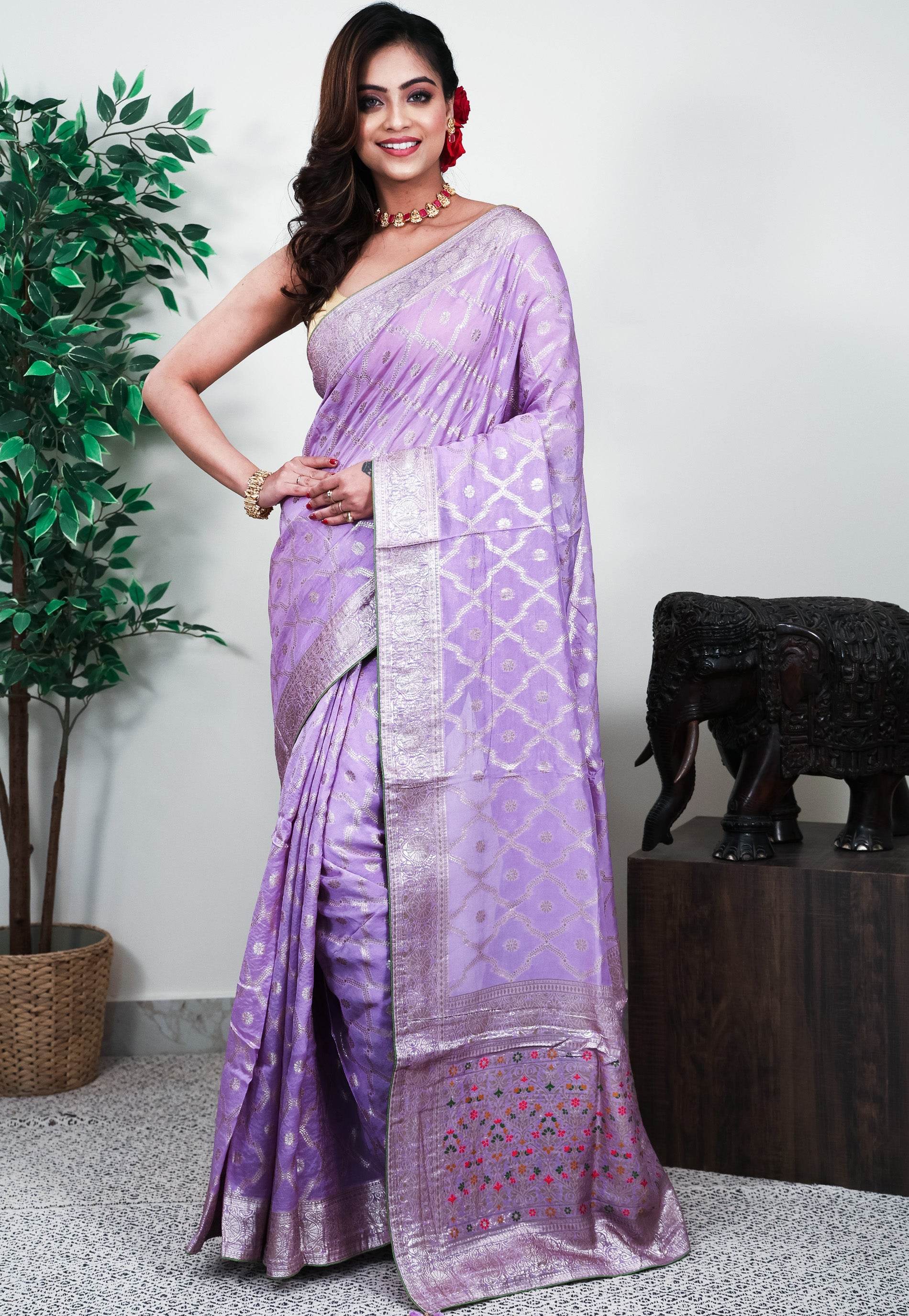 Mauve Mashru Silk Saree with Blouse Piece - Adi Akshoy & Co.